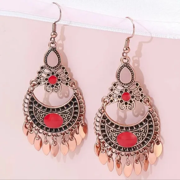 New Bohemian style Rose Gold and Red dangle Earrings - Picture 3 of 3